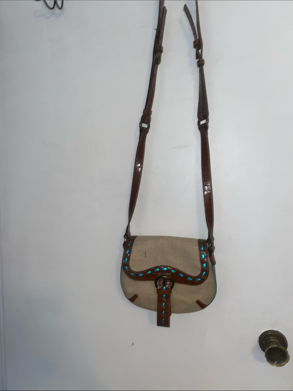 Donald J. Pliner Canvas Crossbody bag with Brown Leather and Turquoise Accents